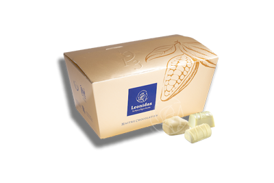 Ballotin doré Leonidas contenant un assortiment de pralines au chocolat blanc