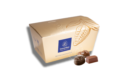 Ballotin doré Leonidas contenant un assortiment de pralines au chocolat au lait