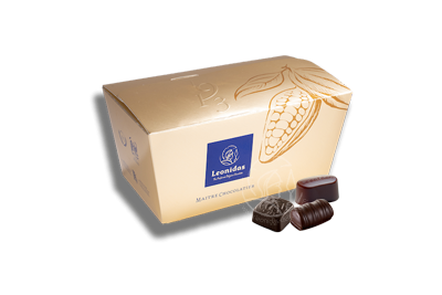 Ballotin doré Leonidas contenant un assortiment de pralines au chocolat noir